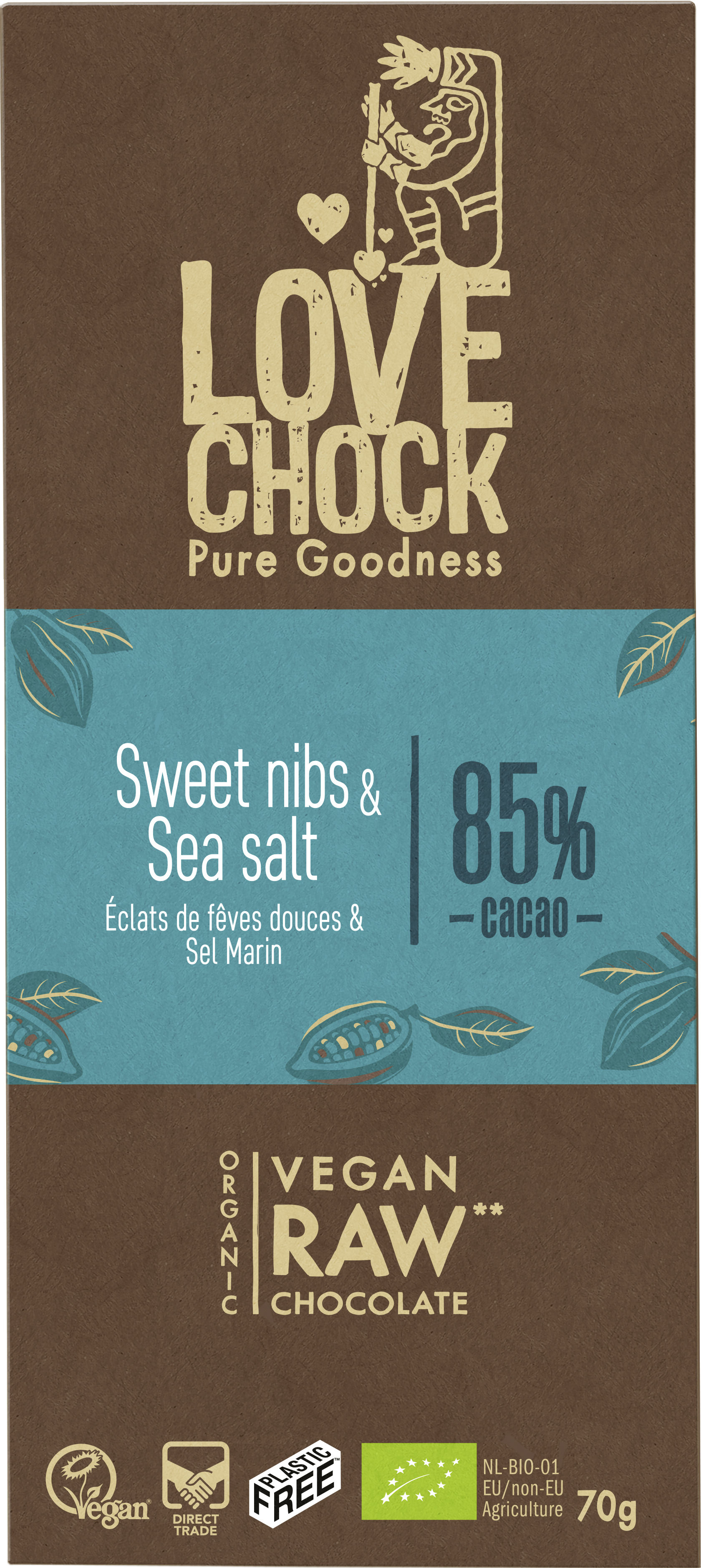 Lovechock Eclats de fèves douces & sel marin 85% cacao tablette bio & raw 70g
